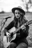 Placeholder: beautiful woman playing acoustic guitar in mid west blck and white old photto