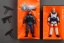 Placeholder: Mike Pence G.I. Joe action figure Space force uniform inside a blister packaging hanging on a Wallrack in toystore, fluorescent orange, toy guns, wide angle shot whole body, black boots, fullsize