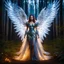 Placeholder: Front View night photography Beautiful Angel woman dress luxury design armor, straddle wings in Magical Forest full of lights colors, Photography Art on walk Dramatic Pose