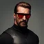 Placeholder: a young man with big muscles who looks like hans gruber wearing a turtleneck and red sunglasses staring with an angry look on his face