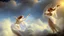 Placeholder: A majestic scene of angelic figures dancing gracefully in a heavenly landscape of snow and billowing clouds,in the Paradise Creation of Adam and Eve