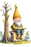 Placeholder: Children illustration a fun gnome sitting on a trunk as wc, in forest wood