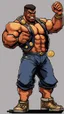 Placeholder: black hunk original pixel art Abobo from double dragon holding up a dog sized golden coin with a print of himself