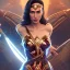 Placeholder: Wonder woman posing in front of a mirror holding a large sword, futuristic design, a paradise in background, close-up face, geometric armor, female face, 3d unreal engine, black face, close up armor, church detail, lovely face