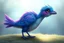 Placeholder: adorable blue and purple bird, elongated like a dino and fluffy like in an dreamlike animation, with a cats face