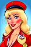 Placeholder: cartoon of a very feminine, sexy European blonde stewardess in uniform with long hair and bangs, strong makeup, big smoky eyes, pouty inviting luscious red lips and large golden earrings
