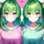 Placeholder: Clear focus, 8k, high quality, detailed, beautiful lighting, girl, vibrant colors, green hair, vibrant pink eye, vibrant green eye, twins, green eye, pink eye