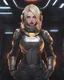 Placeholder: A girl with blond hair, intense golden red eyes, wearing Cyberpunk clothes,space helm cover her face uniform with her arms made of metal, against a dark background of inside a space station at night. detailed-eyes, details-face, details-lips,LuxuriousNeons Costume, silver dress,tape_clothes,tape,upshirt