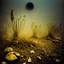 Placeholder: A striking quality Kodak Ektachrome E100 photograph captures a wasteland with a group of plants, creepy, details of the dust very accentuated, glossy organic mass, adorned with minerals and rocks. Bathed in intense light, eerie, Max Ernst style, black sun, fog