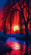 Placeholder: Glowing weeping willows, haunting blue and red sky, biopunk, trippy, spooky, stunning environment, beautifully lit, insanely detailed, best quality