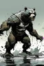Placeholder: Bear, black liquid, full body, attacking, profile ,comic book, post-apocalypse, gray background,