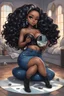 Placeholder: Create a futurism magna art of a black chibi curvy female sitting on the floor looking at herself in a hand mirror. She is wearing tight blue jeans and a black off the shoulder blouse. Prominent make up with lush lashes. Highly detailed long wavy hair. She is also wearing silver large hoop earringsart of a black chibi curvy female sitting on the floor looking at her cell phone. She is wearing tight blue jeans and a black off the shoulder blouse. Prominent make up with lush lashes.