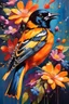 Placeholder: vibrant and energetic painting featuring a Baltimore Oriole a side profile, adorned with an array of colorful flowers. The bird's eyes are detailed and expressive, capturing its lively spirit.