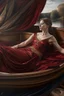 Placeholder: Oil painting A woman lies in a boat and next to her the king reclines and looks at her wearing a dark red dress exposed from above in the ancient era Photorealistic