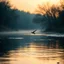 Placeholder: Hyper Realistic early morning (6:40 am) scene of a riverside where a beautiful small bird flying just few centimeters above the river water showing dramatic and cinematic ambiance.