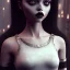 Placeholder: Jenna ortega black dress,soft goth libstick, wednesday addams family make up, brad double wig, addams family style, highly detailed, volumetric lighting, unreal engine, 8k