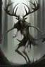 Placeholder: wendigo with deer skull covering head and face, fingers ending in claws with long arms reaching knees which bend backwards, eyes that are sunken back, its body emaciated, full body image