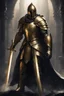 Placeholder: photorealistic holy knight paladin in very dark gold armor and a cape wielding a greatsword and unhelmet in abyss