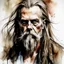 Placeholder: rough watercolor and ink, portrait of "Otis B Driftwood" played by Bill Moseley with long grey beard and hair with a dark streak in his beard, iconic "Devil's Rejects" movie aesthetic, creepy, dramatic, cinematic masterpiece, complex contrast, sfumato, dynamic composition, by Russ Mills