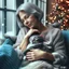 Placeholder: create a sleeping grey haired middle aged woman with chin length hair, sitting on a chair, in front of a window, holding her beloved gray and white tabby Oriental shorthair cat, also sleeping, in her arms. Serene peaceful calm. the snow falling outside