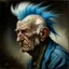 Placeholder: a detailed portrait of old man with a extravagant blue mohawk, the old man is always doing somehing different, Variations like fixing his truck, visiting his wife at the cemetary, going to punk rock shows, etc by edouard bisson, punk rock, oil painting, muted colors, soft lighting