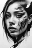 Placeholder: A realistic drawing in negative space black ink on white background of a beautiful girl with abstract brushstrokes face tattoos to enhance her face max enrist