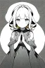 Placeholder: little blonde girl curled up with her hands on her head., grayscale