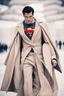 Placeholder: Men winter fashion runway modern clothes inspired by Superman Big Chest logo Superman style clothes, elegant beige tones