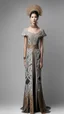 Placeholder: 1mannequin, dress, Philippines national custome dress inspired by carabao, carabao dress, dress displayed on mannequin, beautiful, elegant, full body, full body frame, ultra realistic, aesthetic, light gray, brown and black pastel color