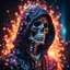 Placeholder: hooded marble skeleton covered with glowing crystals, fire particles in air, bright colors, glowing sparkle particles, dark tone, sharp focus, high contrast, 8k, incredible depth, depth of field, dramatic lighting, beautifully intricate details, clean environment, epic dynamic scene