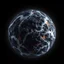 Placeholder: molten dark rocks and pebbles of various sizes merged together as a rocky volcanic planet in darkness with water flowing outward and covering the entire surface of the planet