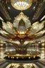 Placeholder: A giant lotus flower sculpture with intricate gold patterns, placed in a luxurious shopping mall atrium, surrounded by reflective water pools and soft ambient lighting. 3D metallic finish, Indian and Asian heritage theme."