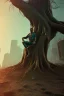 Placeholder: Cyberpunk theme, portrait of Oak tree roots holding man inside, misty sunny day, close-up portrait, symbios