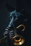 Placeholder: Portrait of a dark german shepherd dark skin male playing trumpet