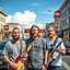 Placeholder: 3 swedish Jesus like men in a rockband standing on a busy street wearing a t-shirt and instruments. a kebab brothers t shirt, with a kebab brothers logo, KEBAB BROTHERS tattoo in forehead, KEBAB BROTHERS Sign in background, Kebab brothers store, Kebab Brothers sign on cars, Kebab Brothers cloud in the sky