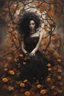 Placeholder: abstract creation of a beautiful girl with black curly hair, surrounded by black roses, thick metal chain broken, glass petals on the ground, autumn colours,dried out thorn bush, chaos,