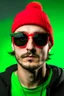 Placeholder: A yung caucasian shaved man with huge black sun glasses wearing a green winter hat and a red t-shirt