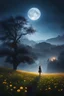 Placeholder: sweeping landscape photography (a view from below showing the sky above and the open land below), a girl standing in a field of flowers looking up, (full moon: 1.2), (shooting stars: 0.9), (fog: 1.3), distant mountain, BREAK tree production art, (warm light source: 1.2), (fireflies: 1.2), lamp, lots of purple and orange, intricate details, volumetric lighting, BREAK realism (masterpiece: 1. 2) , (best quality), 4k, ultra-detailed, (dynamic compositing: 1.4), very detailed, colorful details