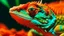 Placeholder: surreal and dreamlike, A close-up view of a green and orange lizard or reptile with a distinctive eye and mouth, saturated, pastel, dreamy atmosphere, liquid psychedelic