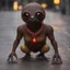 Placeholder: a detailed close-up captures a brown creature with a black face, large brown eyes, and a red necklace around its neck. its hands are positioned on its hips, and its feet are firmly planted on a gray pavement. the creature is bathed in a warm, yellow light, casting a soft glow on its face and surrounding environment. in the background, a string of yellow lights adds a festive touch to the scene.,bokeh like f/0.8, tilt-shift lens 8k, high detail, smooth render, down-light, unreal engine