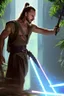 Placeholder: Step into the captivating photograph, where the legendary Qui-Gon Jinn, a wise Jedi Master, commands attention! With astonishing hyper-realism, Qui-Gon, in the prime of his 20s, wears an intriguing scifi-inspired outfit. The backdrop features a lush and vibrant jungle, adding a sense of mystery and adventure to the scene.