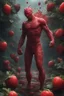 Placeholder: full body portrait, head to toe, imagine in a world made out of strawberries, a 4k UHD strawberry skinned, 1080p strawberry skinned man., at the edge of the Strawberry universe, three million years in the future, an extremely mutated and old Strawberry humanoid being, Volcanic Strawberry Super-man, with wirey, messy, spiked up, long leafy green strawberry hair, burned, scarred and ashy strawberry skin with a lost gaze, bound to the edge of time, wandering aimlessly and alone