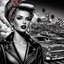 Placeholder: Create image: woman with a vintage pin-up hairstyle in greyscale tones stands in the foreground. She's wearing a zippered leather jacket and adorned with tattoos, a red bandana, earrings, and dark lipstick. In the background, a vivid scene of a drag race unfolds with classic cars and visible smoke above.