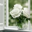 Placeholder: Single wilting white rose in a vase beside a window and seeing its reflection