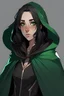 Placeholder: girl rogue with black hair, elf ears and green eyes in a black cloak