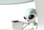 Placeholder: white,background,looking,through,a 3-d, hole,or,window,,a,seeing an,alien,drinking,coffee