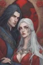 Placeholder: A couple from the dnd game curse of Strahd. The woman has long white hair and blue eyes, the man has LONG BLACK hair and red eyes, no facial hair. KISSING