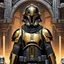 Placeholder: star wars bald male corellian pilot wearing pearlescent black and gunmetal grey First Order special forces heavy assault stealth commando armor and helmet with gold trim inside the jedi temple, hyperdetailed, dynamic lighting, hyperdetailed background, 8k resolution, volumetric lighting, light skin, fully symmetric details