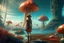 Placeholder: woman standing on the shores of an alien world, with mushrooms with jellyfish tentacles, floating in the air, photorealistic, Detailed Matte Painting, Deep Colour, Fantastical, Intricate Detail, sunshine