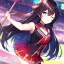 Placeholder: Clear focus,High resolution,High quality, Cheerleader, Smiling, Eyes closed, Black long hair flowing with the wind, Purple eyes